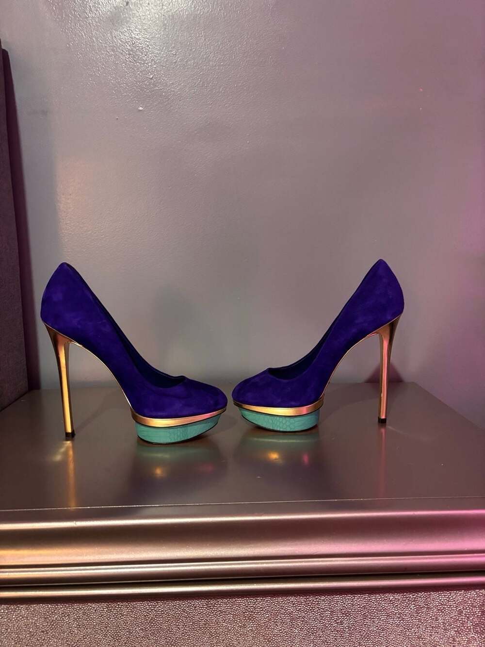 Brian Atwood Fontanne Purple Suede Platform Pumps with Turquoise Snake Accents